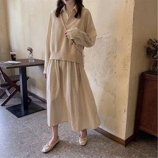 Set: Plain Long-sleeve Midi Collared Dress + Knit Vest