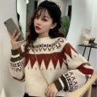 Puff-sleeve Patterned Cropped Sweater