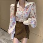 Floral Print Cropped Blouse / Faux Suede Mini Pencil Skirt