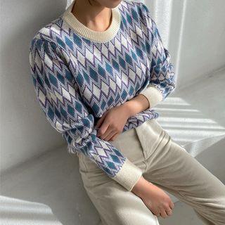 Round-neck Patterned Sweater Blue - One Size