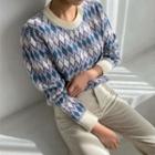Round-neck Patterned Sweater Blue - One Size