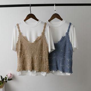 Set: Crew-neck Short-sleeve T-shirt + Lace Camisole Top