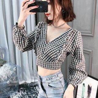Long-sleeve Cropped Plaid Top Plaid - Black & White - One Size