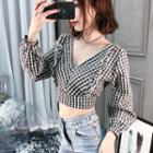 Long-sleeve Cropped Plaid Top Plaid - Black & White - One Size