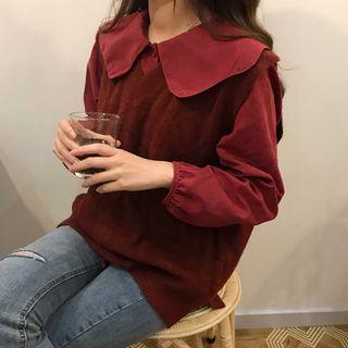 Peter-pan-collar Blouse / V-neck Cable Knit Vest