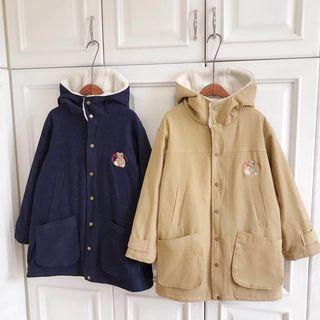 Bear Embroidered Fleece-lined Hooded Buttoned Coat