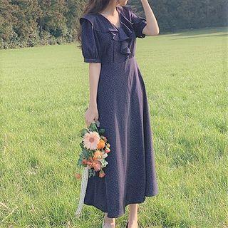 Short-sleeve Ruffled V-neck Midi A-line Dress