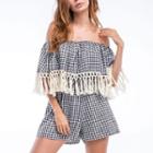 Off-shoulder Ruffled Check Playsuit