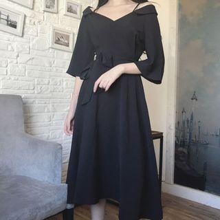 Elbow-sleeve Off-shoulder Plain Dress