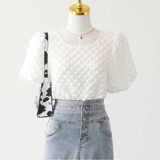 Square-neck Plain Plaid Chiffon Blouse