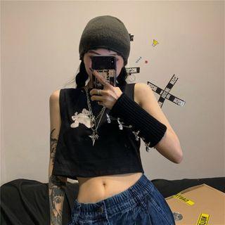 Bear-print Sleeveless Cropped Top Black - One Size