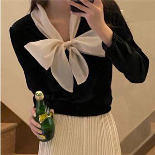 Long-sleeve Bow Velvet Blouse