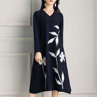 Long-sleeve Flower Print Midi Knit Dress