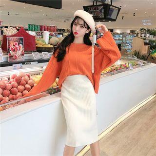 Long-sleeve Cable-knit Sweater / High-waist Knit Skirt
