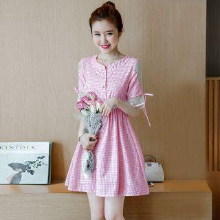 Mesh Panel Plaid Elbow Sleeve Dress