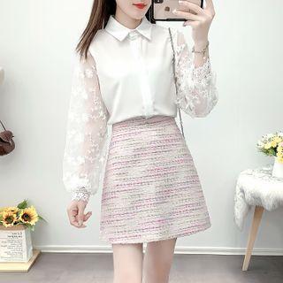 Set: Lace-panel Chiffon Shirt + A-line Skirt