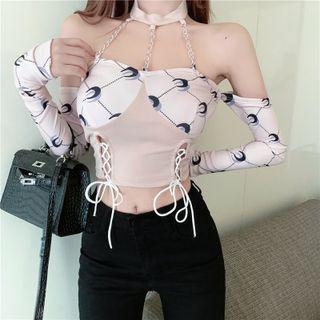Printed Cutout Chain Accent Lace-up Cropped Top