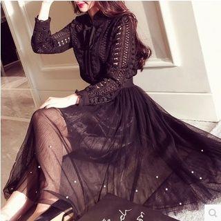 Embellished Long-sleeve Mesh Dress