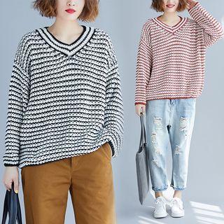 Striped V-neck Long-sleeve Sweater