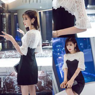 Lace Panel Elbow Sleeve A-line Dress