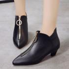 Faux Leather Front Zipper Kitten Heel Ankle Boots