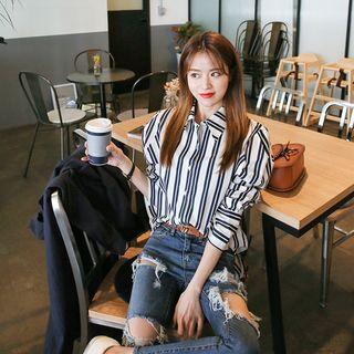 Puff-sleeve Dip-back Stripe Shirt