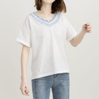 Short-sleeve Pattern Trim Sweater
