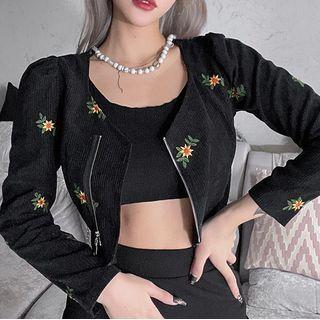 Long Sleeve Floral Embroidered Zip-up Crop Jacket
