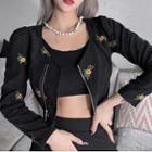 Long Sleeve Floral Embroidered Zip-up Crop Jacket