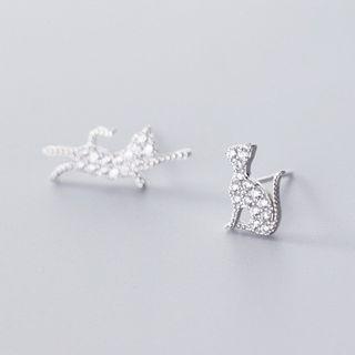Cat Rhinestone Ear Stud 1 Pair - Silver - One Size