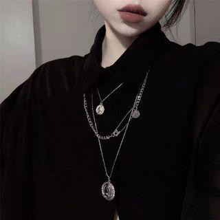 Safety Pin Disc Pendant Layered Alloy Necklace Silver - One Size