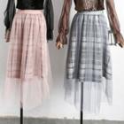 Mesh-overlay Plaid Wool Midi Skirt