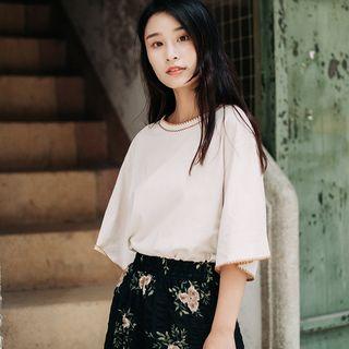 Elbow-sleeve Embroidered T-shirt Almond - One Size