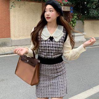 Blouse / Houndstooth Knit Vest / Knit Skirt