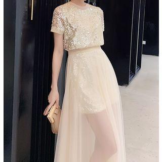 Short-sleeve Sequined Maxi A-line Dress