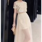 Short-sleeve Sequined Maxi A-line Dress