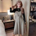 Mock Two-piece Long-sleeve Plaid Twist-front Midi A-line Dress