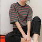 Elbow-sleeve Striped T-shirt Stripe - Red & Green - One Size
