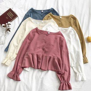 Plain Crewneck Ruffled-trim Flare-sleeve Top