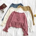 Plain Crewneck Ruffled-trim Flare-sleeve Top