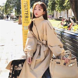 Funnel-neck Long Trench Coat With Sash