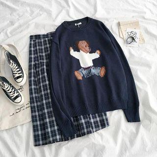 Long-sleeve Bear Embroidered Sweater / High-waist Plaid Skirt