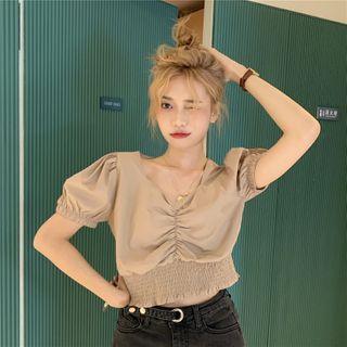 Ruched Puff-sleeve Cropped Blouse As Shown In Figure - One Size