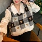 Mock Two-piece Heart Check Knit Panel Shirt