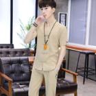 Set: Short-sleeve Chinese Knot Button Top + Drawstring Pants