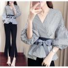 Set: V-neck Lantern-sleeve Blouse + Cropped Boot-cut Pants