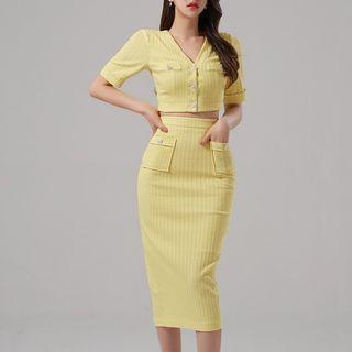 Set: Short-sleeve V-neck Crop Top + Midi Pencil Skirt