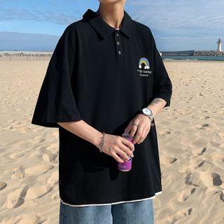 Elbow-sleeve Rainbow Print Polo Shirt
