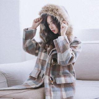 Faux Fur Trim Hooded Plaid Toggle Coat