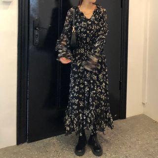 Long-sleeve Floral Printed Midi Dress Black - One Size